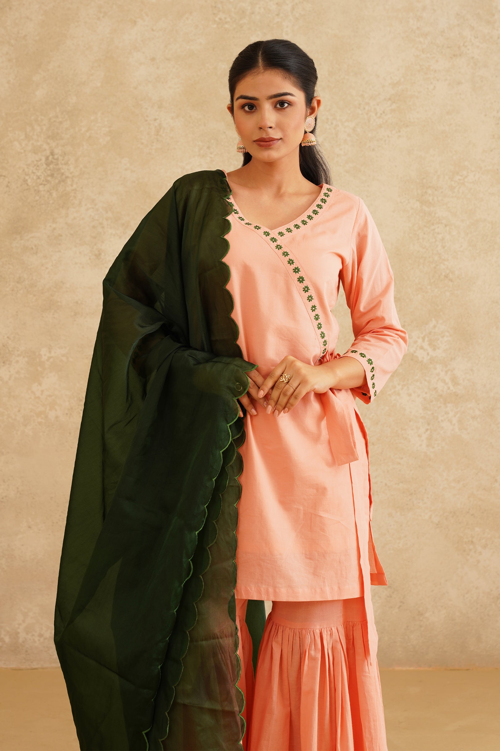 Peach Anghrakha Sharara With Organza Dupatta