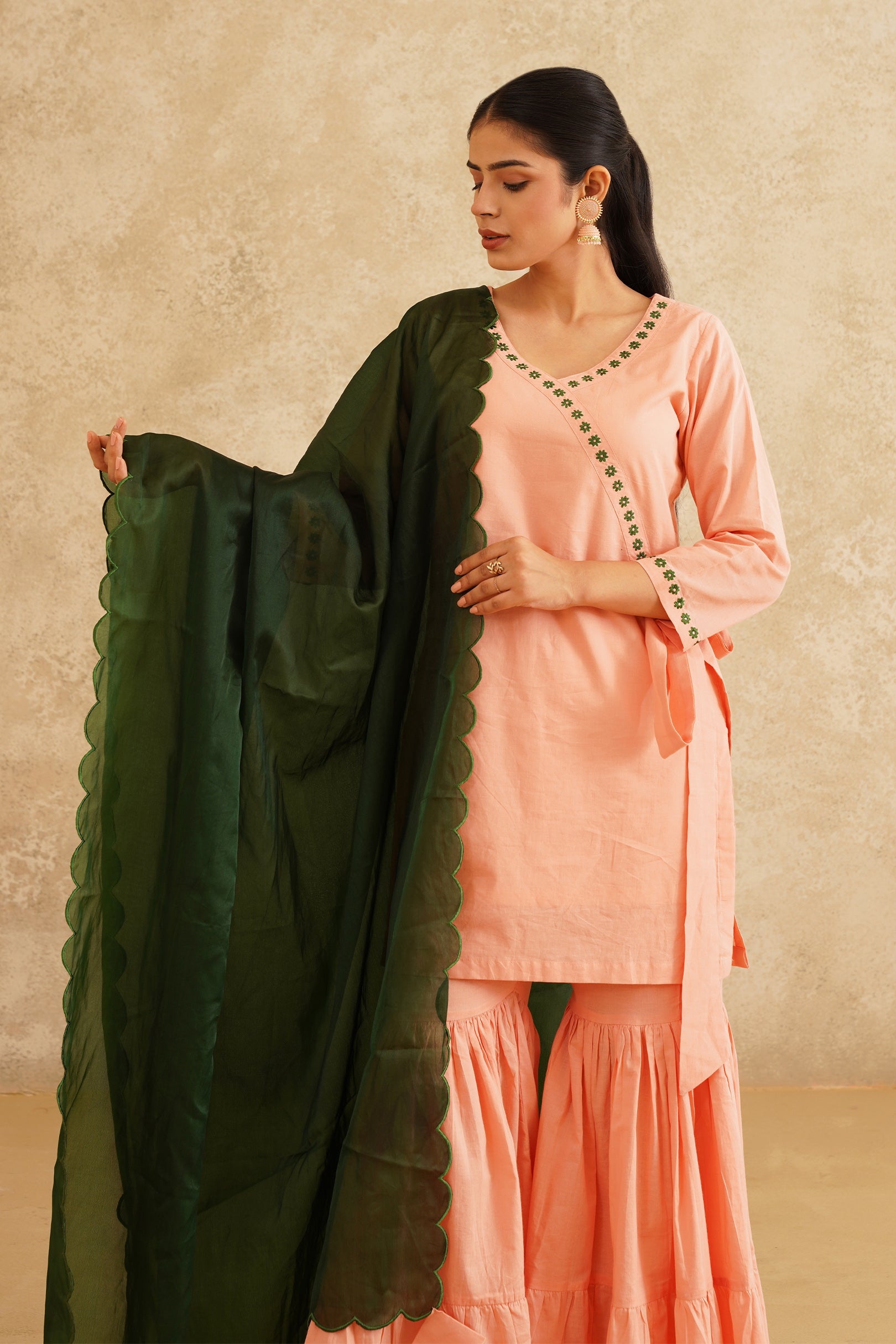 Peach Anghrakha Sharara With Organza Dupatta