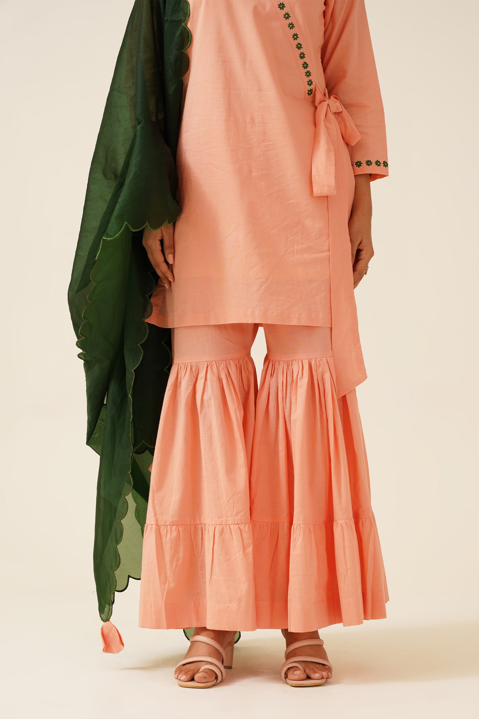Peach Anghrakha Sharara With Organza Dupatta