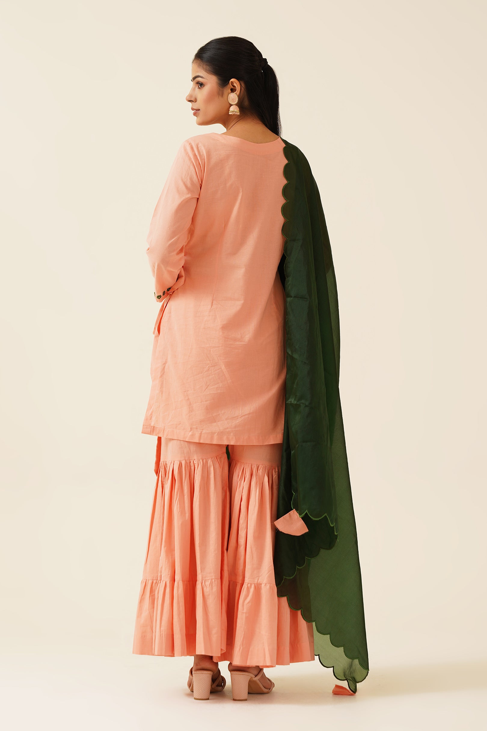 Peach Anghrakha Sharara With Organza Dupatta