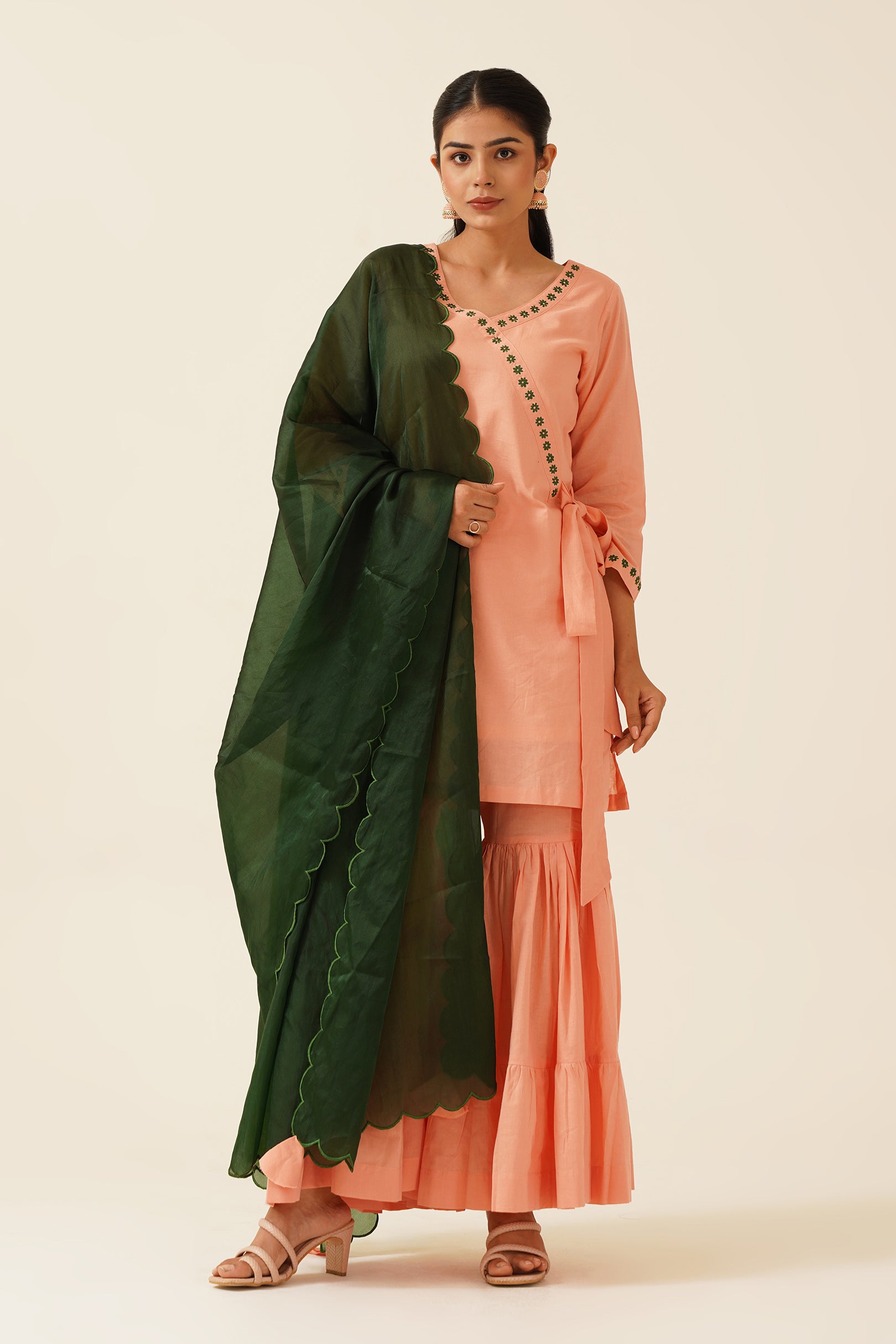 Peach Anghrakha Sharara With Organza Dupatta