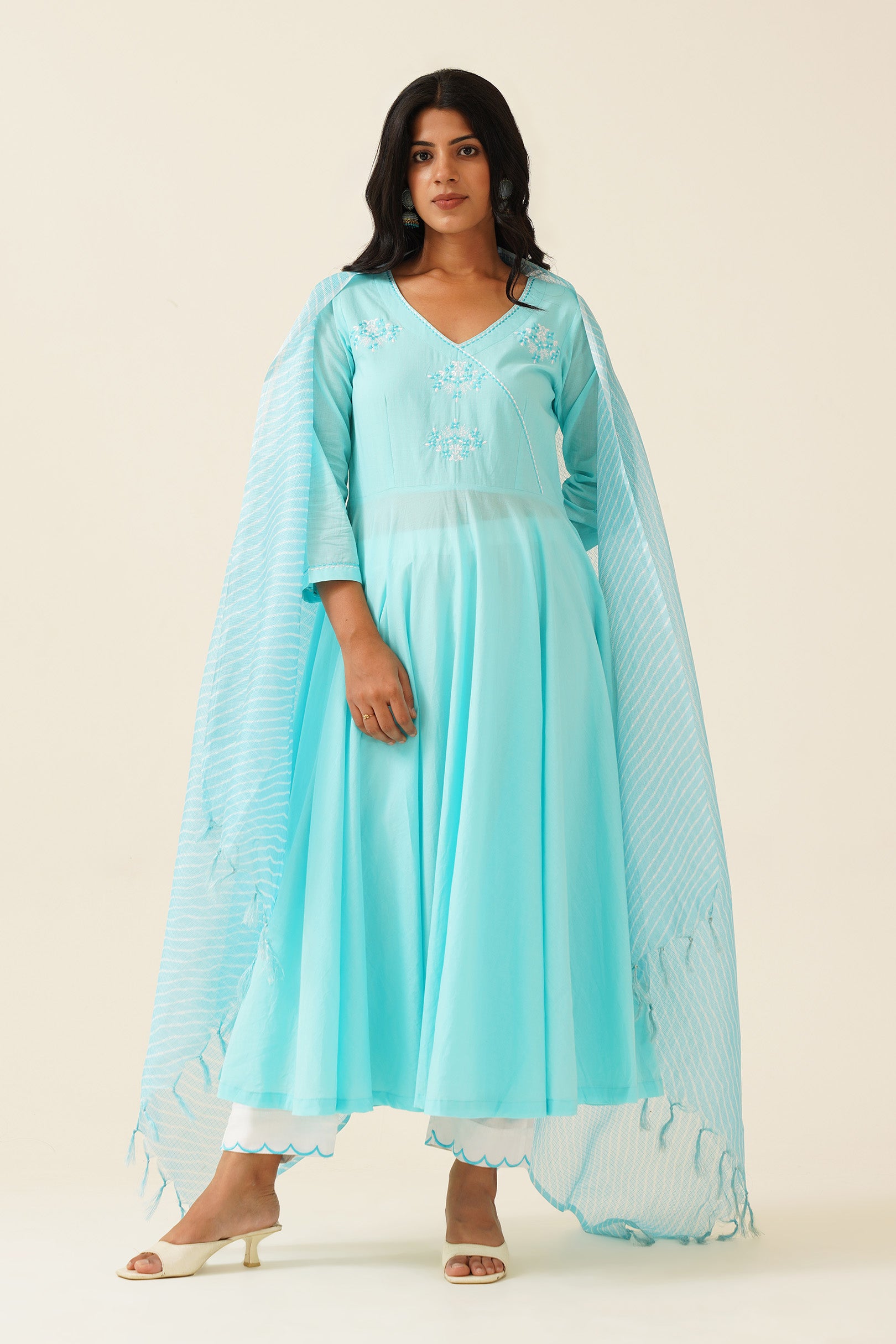 Firozi Anarkali with Lehriya Kota Dupatta