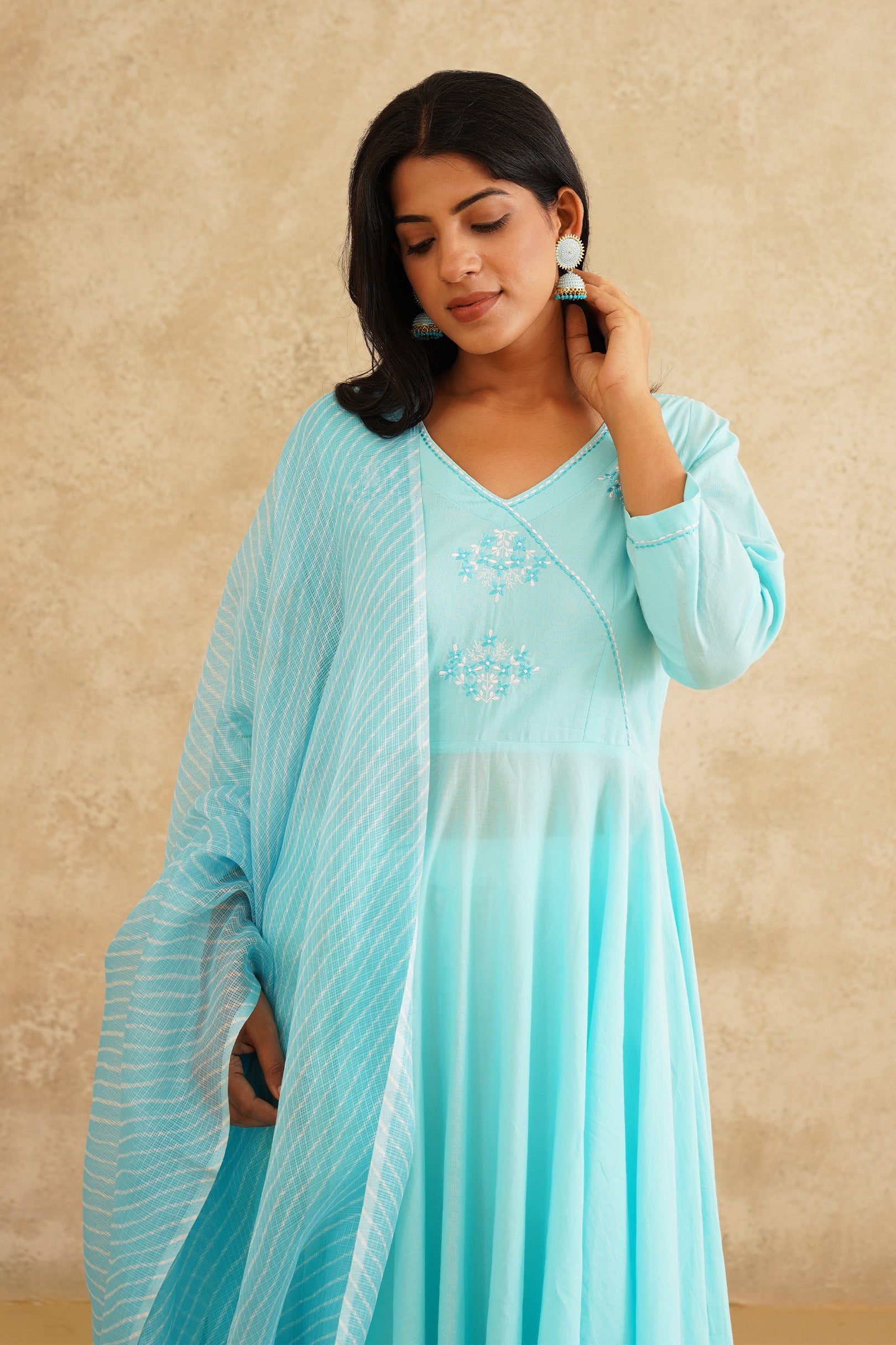 Firozi Anarkali with Lehriya Kota Dupatta