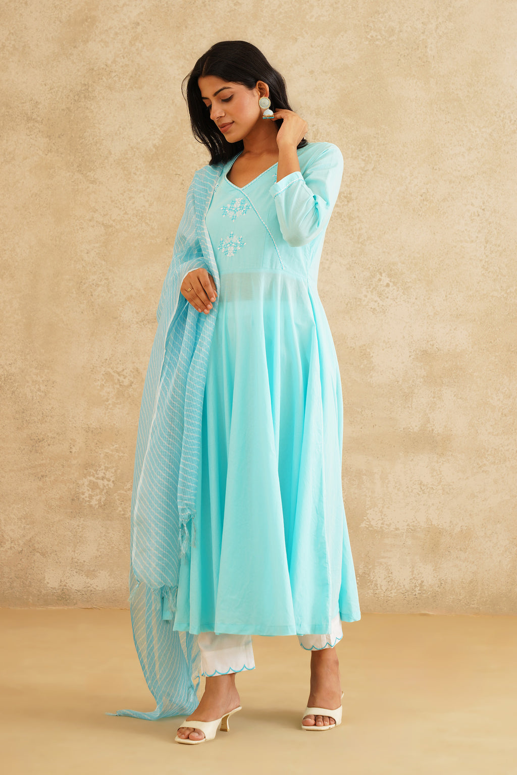 Firozi Anarkali with Lehriya Kota Dupatta